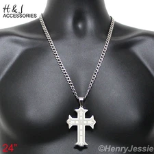 18-40"MEN Stainless Steel 7mm Silver Cuban Curb Link Chain CZ Cross Pendant*PL5