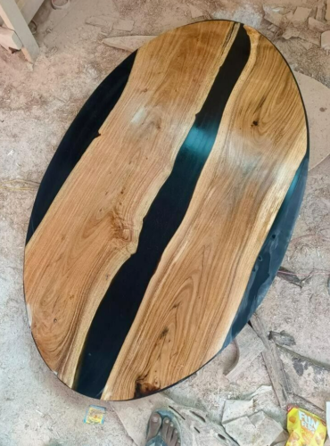 60-Inch Black Epoxy Resin Live Edge Oval Dining Table Farmhouse Style