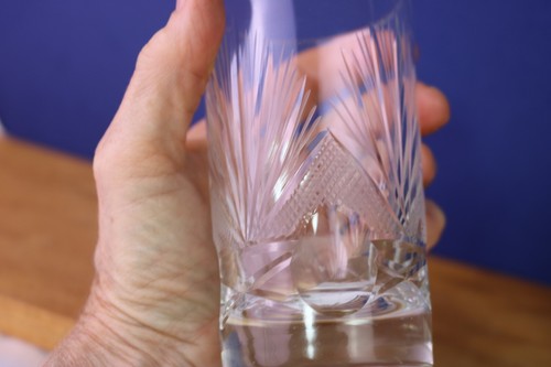 Cut Crystal 2 Glass Tumblers Crosshatch Fan Thumbprint 4 1/2 " Bohemia ? - Picture 4 of 10