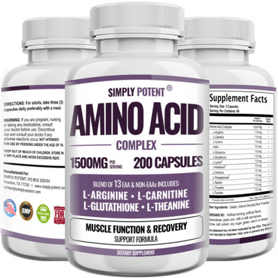 Amino Acid Complex 1500mg 200 Capsules - 13 Aminos with L-Arginine L-Glutathione