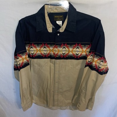 Rustler Men s Pearl Snap Western Shirt Size XL Beige Black Cowboy Rodeo 