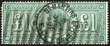 SG212 1891 £1 green, MC, used with 1896 ring cancel and barred cancel