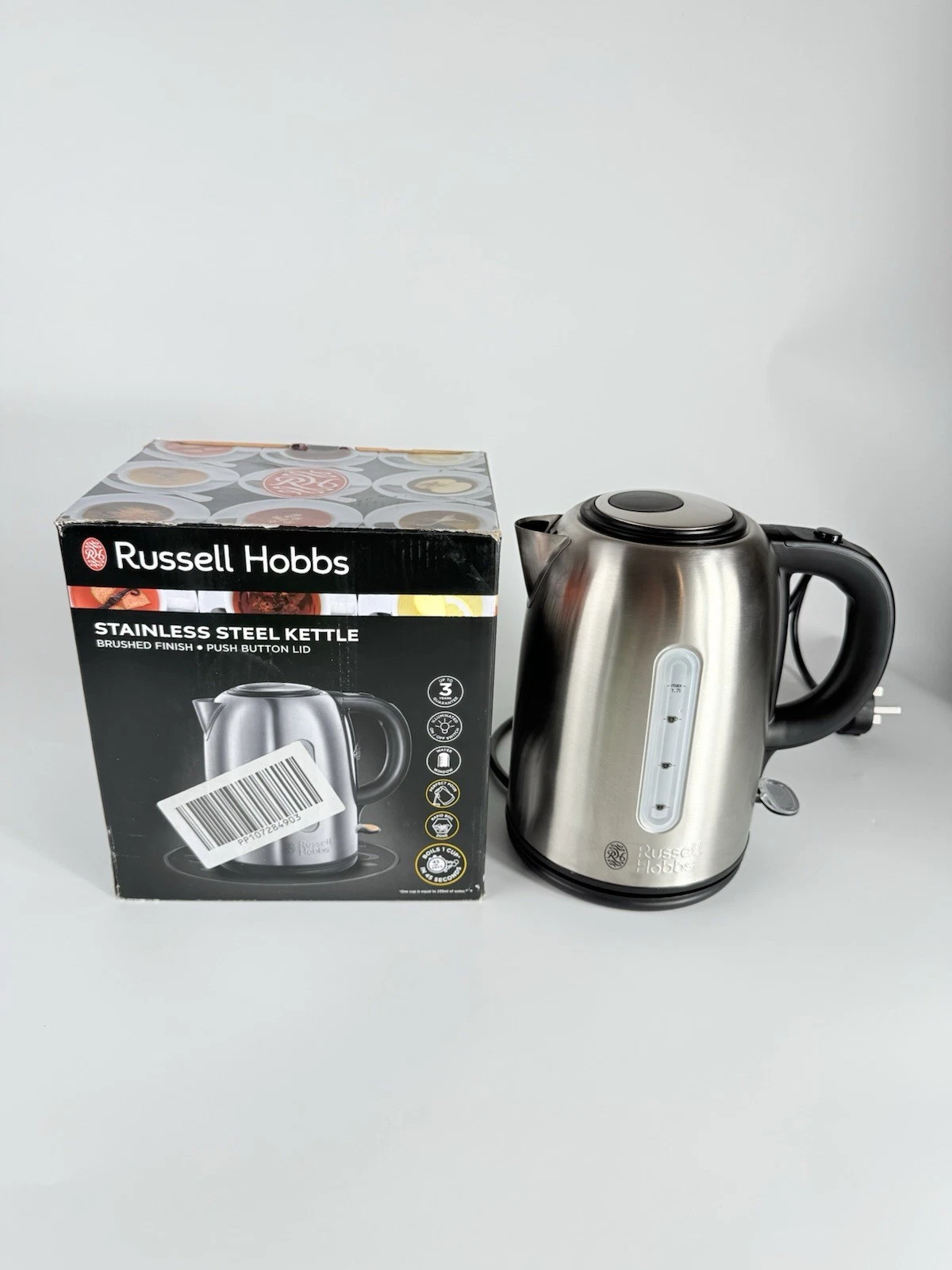 Russell Hobbs Brushed Stainless Steel & Black Electric 1.7L Cordless Kettle