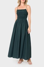 Moon River Sleeveless Square Neck Shirred Tie Back Midi Dress Dark Green