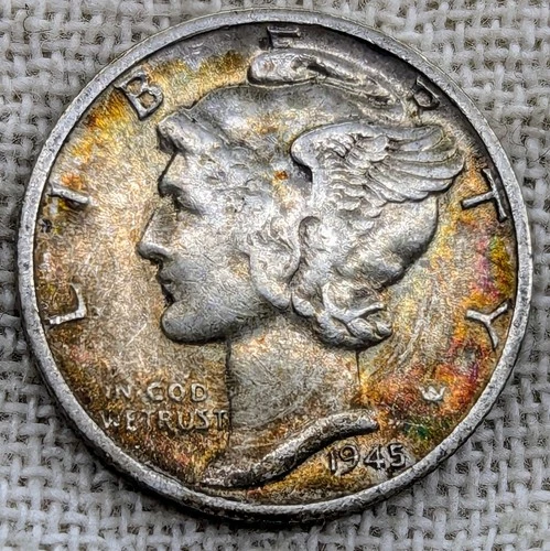 1945 D Mercury Dime XF/AU : Rainbow Tone, Denver Mint - .9 Fine Silver Coin