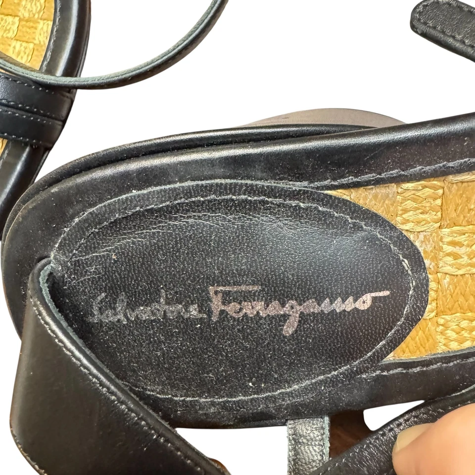 Salvatore Ferragamo Zapatos Mujer Talla 6 Negro Cuero Sandalias de Cuña Hechas en Italia Foto 4 de 4