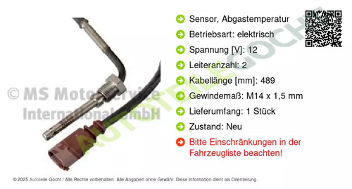 Sensore temperatura gas di scarico per AUDI A1 SKODA FABIA II 09-19 Pierburg 7.08369.50.0 - Foto 2 di 5