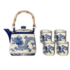 Oriental Dragon Porcelain Square Tea Set, 20oz Teapot 4 Hexagon Tea Cups