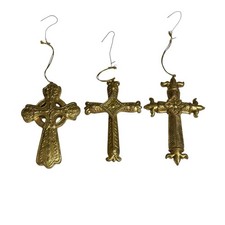 Set Of 3 Vintage Ornate Cross Christmas Ornaments Gold