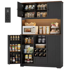 71" Pantry Cabinet with LED Light and Charging Station, Kitchen Pantry Cabinet