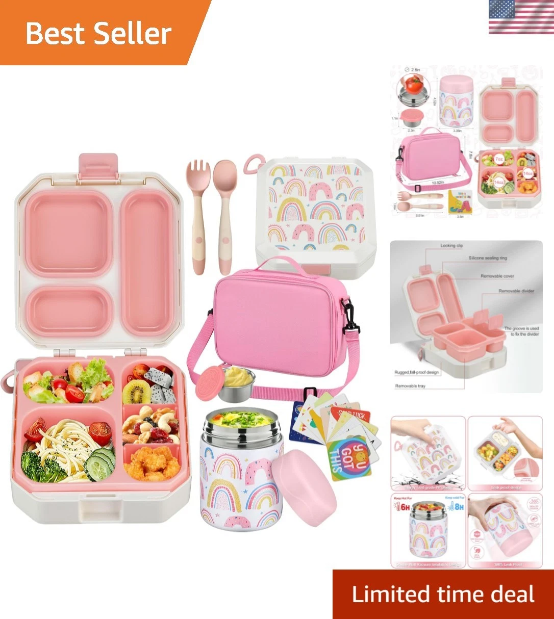 Bento Lunch Box for Kids with 12oz Soup Thermo Leak-Proof Lunch Food Containe...
