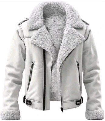 Men's White RAF B3 Bomber Aviator Sheepskin Real Leather Jacket Coat