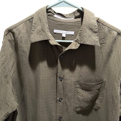Perry Ellis Mens Olive Green Textured Grid Long Sleeve Button Down Shirt Large