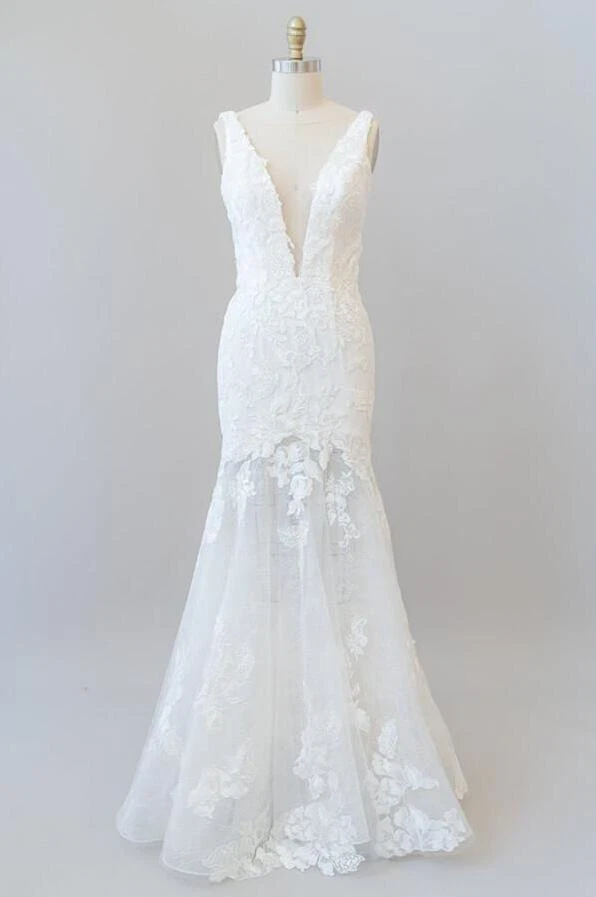 Sexy Vestido de Novia Sirena Sin Mangas Cuello en V Profundo Encaje Vestido de Novia Blanco Marfil Foto 2 de 4