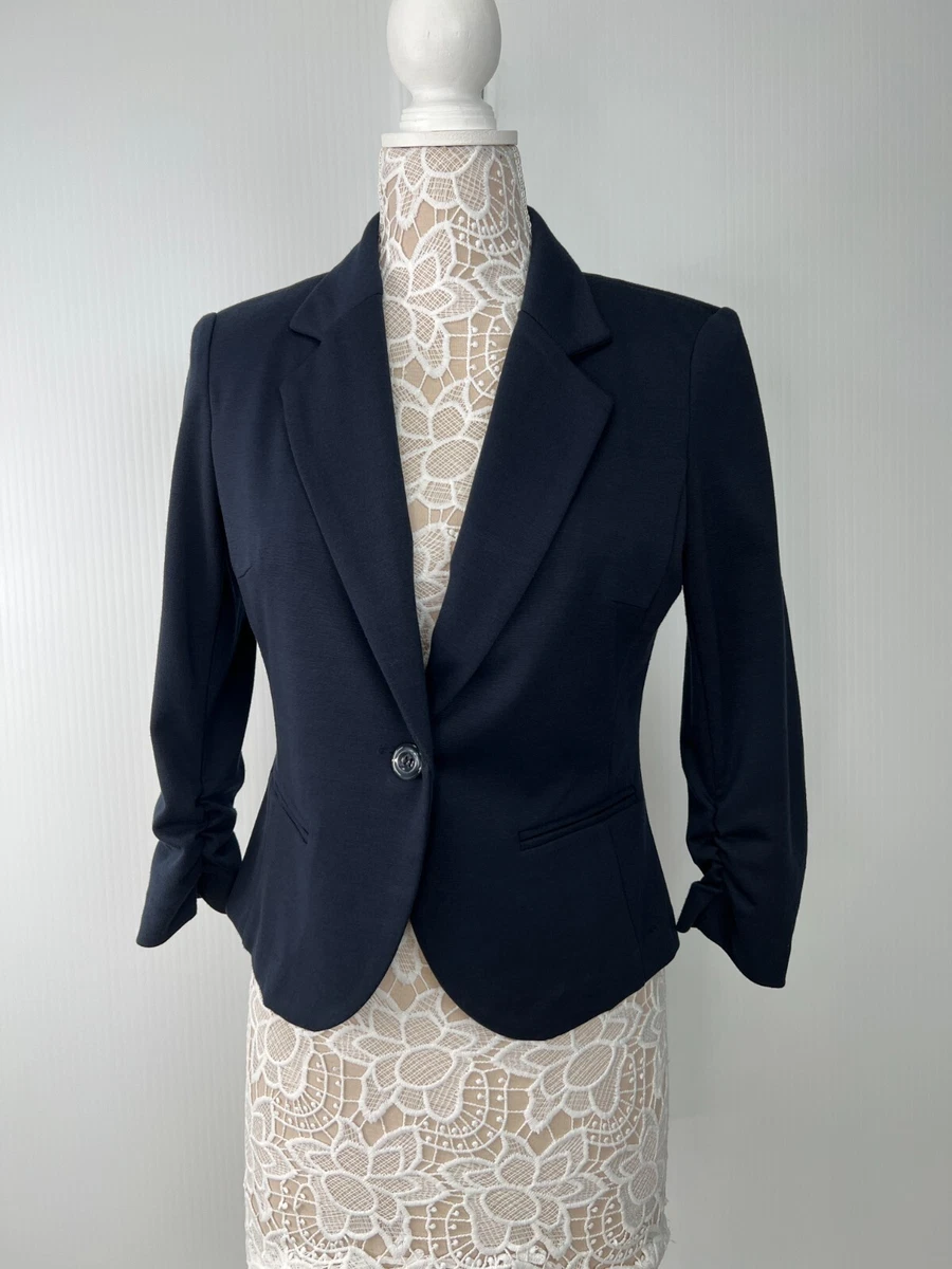 Ellen Tracy Blazer Womens Medium Navy Short 3 4 Cinched Sleeve