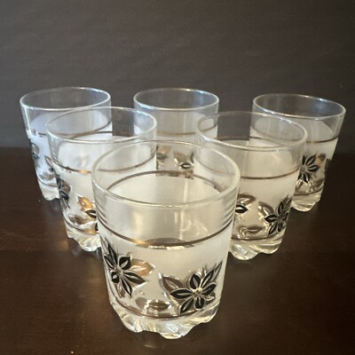 6 Vintage Decover ITALY Black Floral Flower Frosted Low Ball Drink Glasses