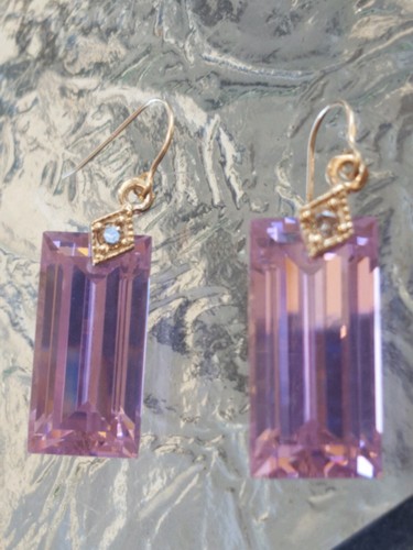 Pink Cubic Zirconium and Cognac Diamond Dangle Earrings 14kt Solid Yellow Gold - Picture 2 of 12