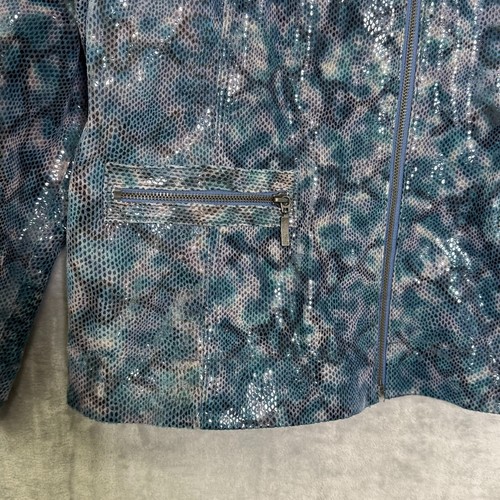 Chicos Jacket Womens Large Blue Gray Leather Coated Shimmer Animal Print Lined - Picture 4 of 12