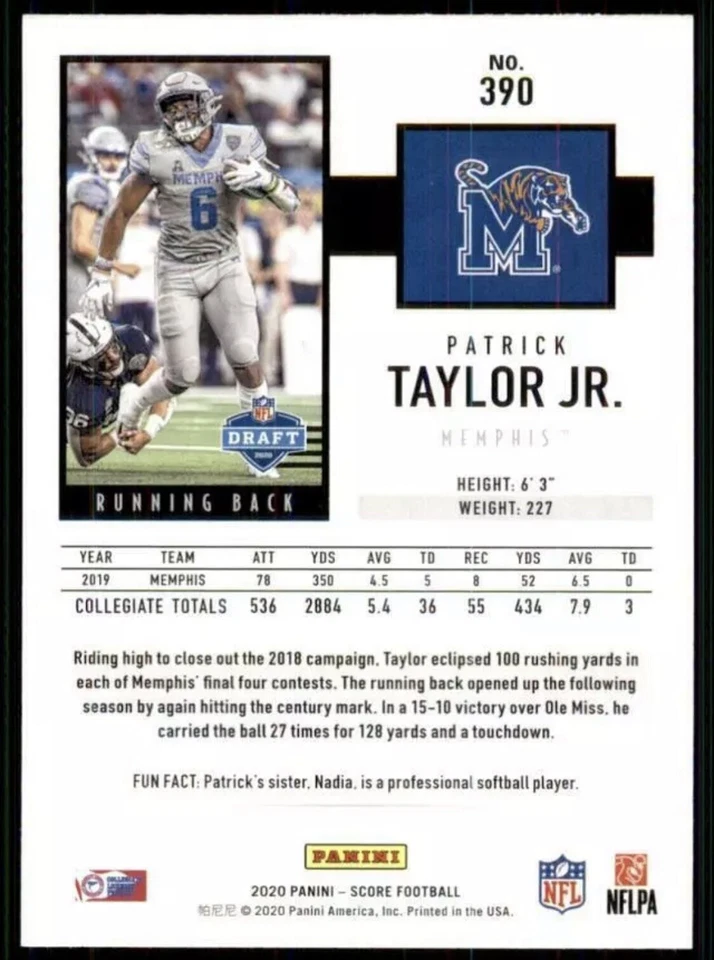 2020 SCORE #390 PATRICK TAYLOR JR. RC ROOKIE MEMPHIS TIGERS FOOTBALL - Image 2 of 2