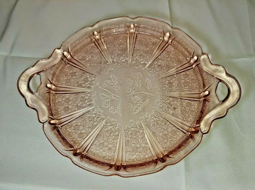VINTAGE JEANNETTE GLASS CHERRY BLOSSOM HANDLED CAKE PLATE Spring PINK DEPRESSION