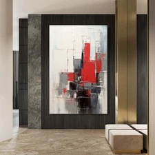 Hand-Painted Modern Abstract Oil Painting On Canvas Art Picture Home Red City