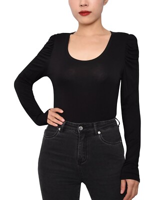 Planet Gold Juniors' Ruched-Sleeve Bodysuit Size M Black NWT