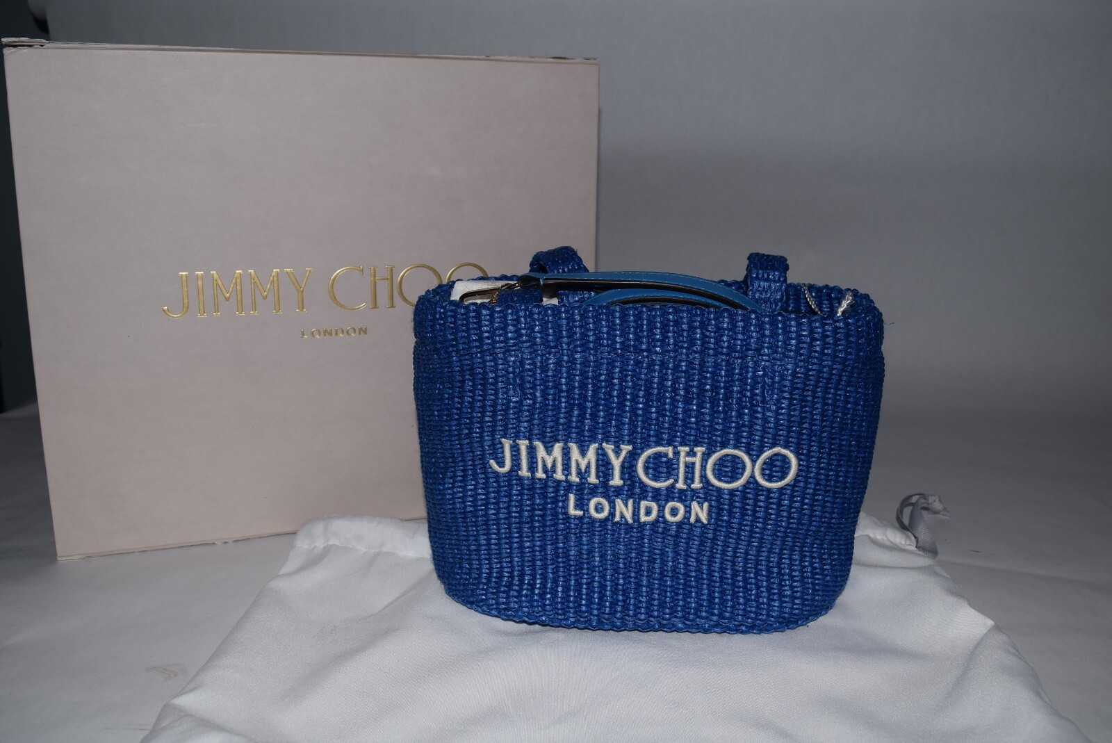 NWT Authentic JIMMY CHOO East West Beach Bag Raffia Logo BLUE Mini Crossbody