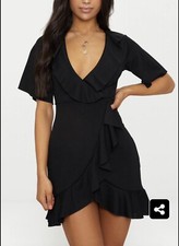 Boutique Womens PLT Black Frill Detail Wrap Dress Size 6 BNWT
