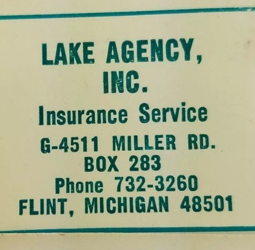 Lake agency Insurance Flint Michigan Vintage Matchbook full unstruck 