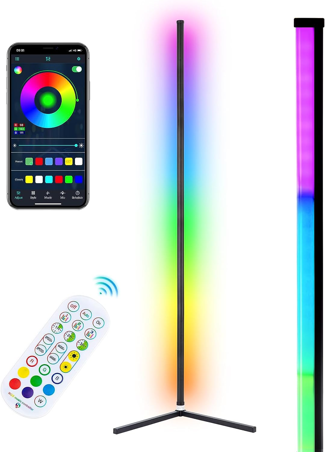 RGB Corner Floor Lamp, Bluetooth APP and Remote Control Music Sync LED Modern Fl