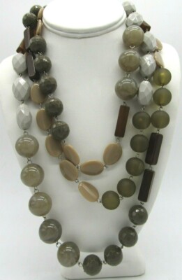 Runway Statement Taupe Browns Tones Multi Layered Lg Plastic Beads Necklace 18''