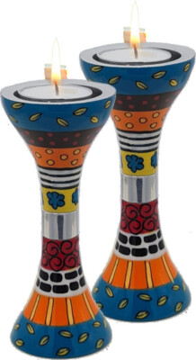 Colorful Hand Painted Enamel Set of Tulip Shaped Candlesticks Blue, Orange, Red