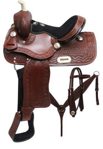 12 Double T Youth barrel style saddle set with zigzag and basket weave tooling 12 Double T Youth barrel style saddle set with zigzag and basket weave tooling