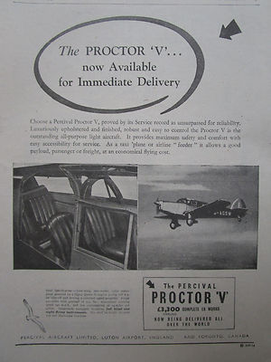 4/1947 PUB HUNTING PERCIVAL AIRCRAFT LUTON PROCTOR V AVION FLUGZEUG ORIGINAL AD