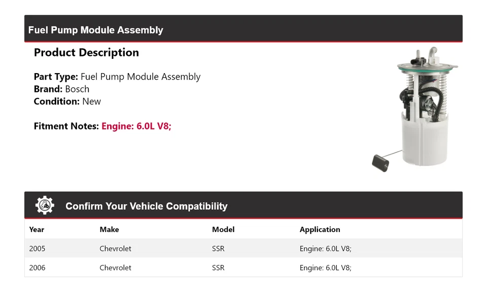 Conjunto de módulo de bomba de combustible Bosch V8 6,0 L Chevrolet SSR 2005-2006 Foto 2 de 4