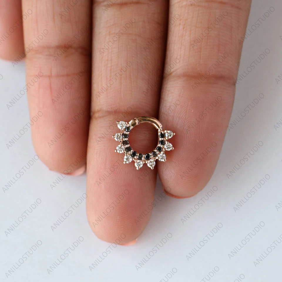 Natural Balck & White Diamond Septum Clicker, Daith Earring Piercing in 14k Gold - Image 2 of 4