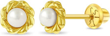 14K Yellow Gold Young Girl'S Cultured Pearl Braided Bezel Screw Back Earrings -