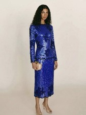 Vintage 80s Royal Blue 100 Silk Floral Sequins Skirt Set Small Evening Regal