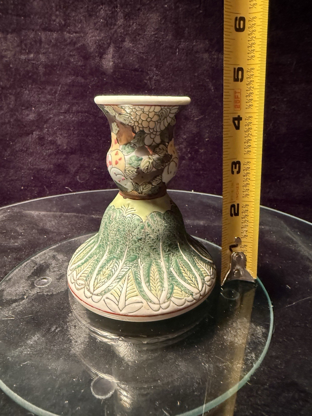 Vintage Famille Verte Bok Choy Green Chinoserie Ceramic Candleholder