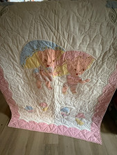 Vintage hand-quilted Kitch child s crib quilt bears and dresses umbrellas rain