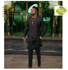 Mens Kurta Black Color Traditional Shirts Top Shirt Solid Mens Wear Cotton Cloth