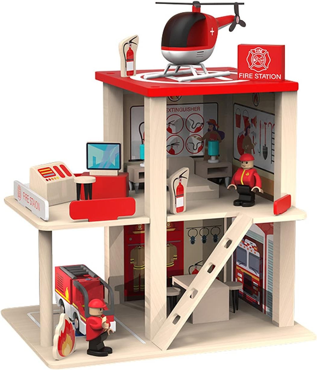 Wooden Fire Station Playset with Figures, Truck, Helicopter for Kids 3+
