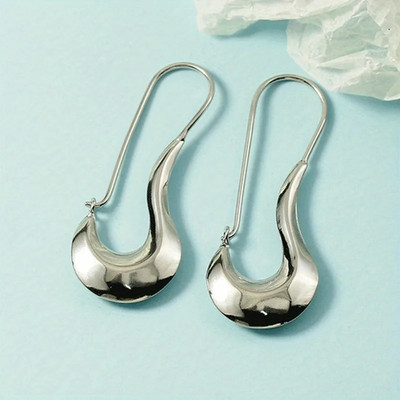 Elegant Silver Tone Swoop Hook Drop Earrings Polished Plated Copper Design