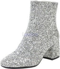 Womens Sequin Glitter Block Heels Side Zip Ankle Boots Formal Party Club Shoes