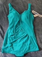 Vintage 70s 80s Teal Bathing Suit Women's 38 Ruched Tank Swimsuit USA NEW