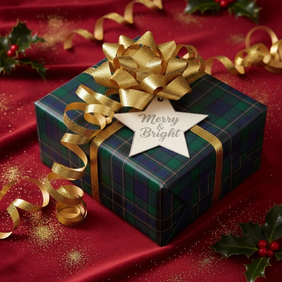 Papel de envolver tartán a cuadros, envoltura de regalo verde oscuro, azul púrpura vacaciones Navidad Foto 4 de 4