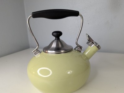 Chantal Whistling Tea Kettle Pot Belly Shape  Yellow Green 9'' Tall Cottagecore