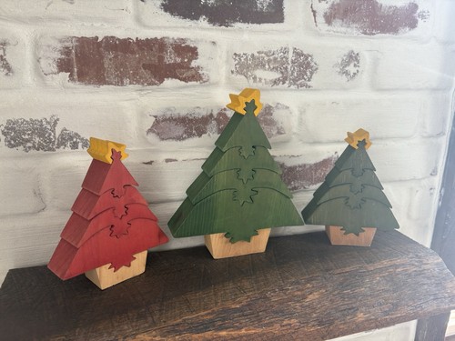 DEPT 56 Wooden Puzzle Jigsaw Christmas Trees VTG Set Of 3 Green/Red Village Add - Picture 2 of 14