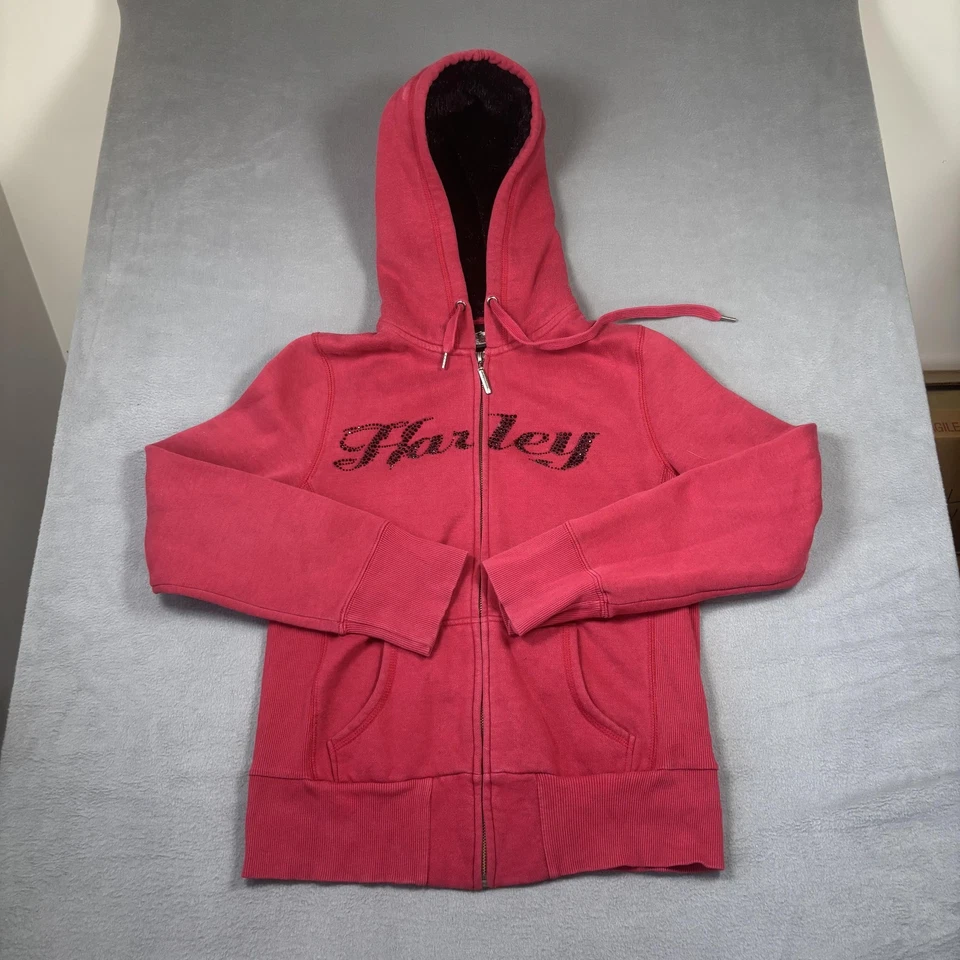 Sudadera con Capucha Harley Davidson Para Mujer Rosa Mediana Cremallera Completa Imitación Piel Forrada Script Logo Foto 2 de 4
