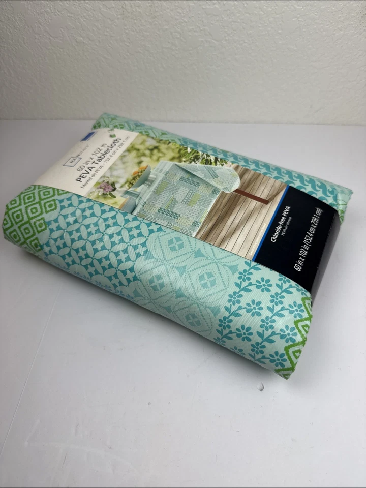 Mainstays PEVA Tablecloth 60” X 102” Rectangular Blues & Greens New - Image 2 of 4